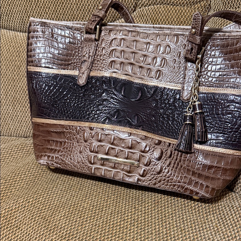 Brahmin Brown and Black Croc-Embossed Two-Tone Tote
